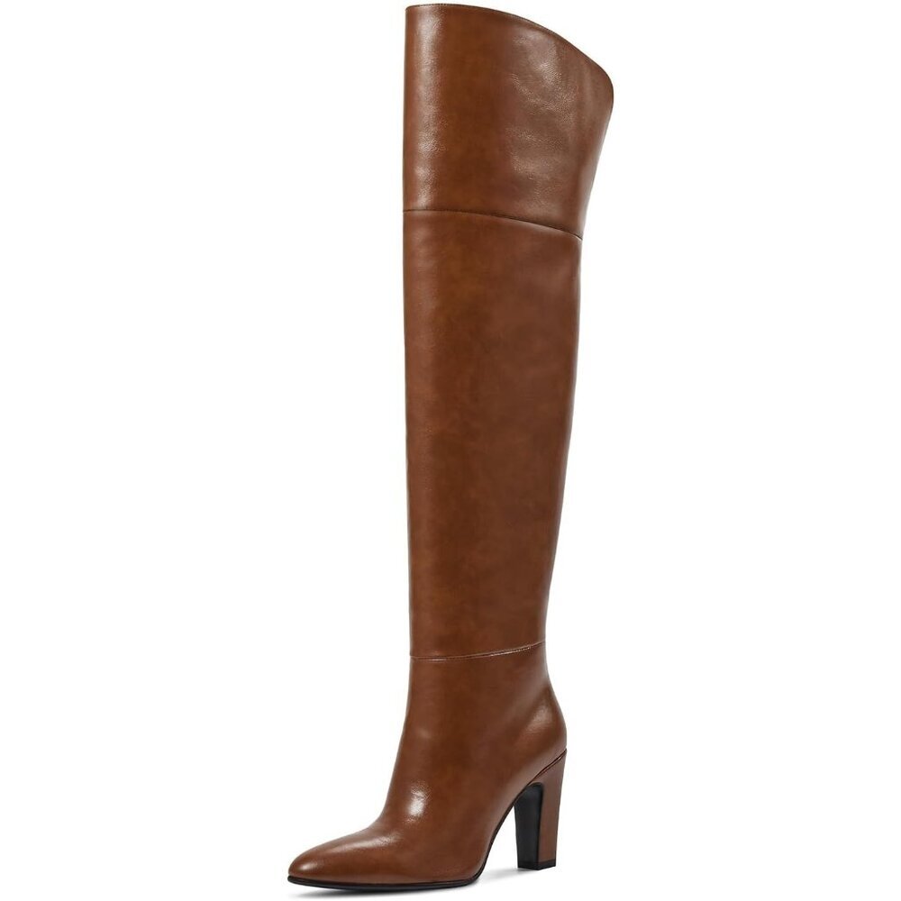 Women Brown Faux Leather Chunky Heel Side Zipper Thigh High Over the Knee Boot
